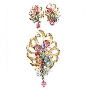 1960s Cascading Pastel Brooch Earrings SET Clip On Gold Demi Parure